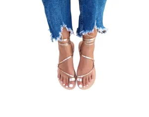 Wrap around lace up black sandals, Greek Sandals, ankle wrap straps, Gladiator sandals, ring toe flats for women, Summer Tie up sandals (US10, Rose gold)