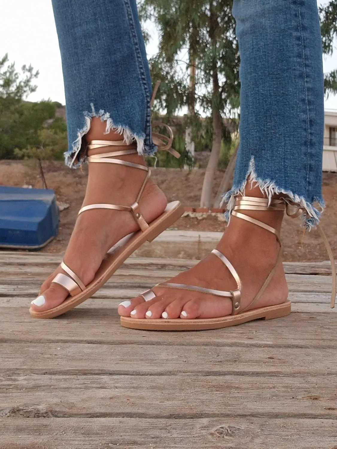 Wrap around lace up black sandals, Greek Sandals, ankle wrap straps, Gladiator sandals, ring toe flats for women, Summer Tie up sandals (US10, Rose gold)