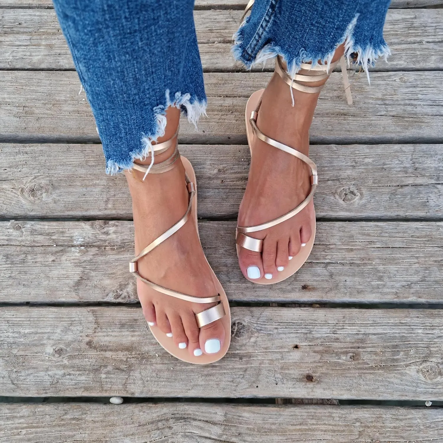 Wrap around lace up black sandals, Greek Sandals, ankle wrap straps, Gladiator sandals, ring toe flats for women, Summer Tie up sandals (US10, Rose gold)