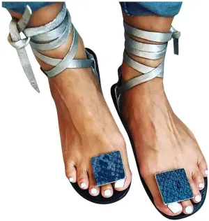 ZBYY Women's Flat Gladiator Sandals Summer Strappy Leopard Toe Ring Open Toe Sandal Flip Flops Beach Sandals