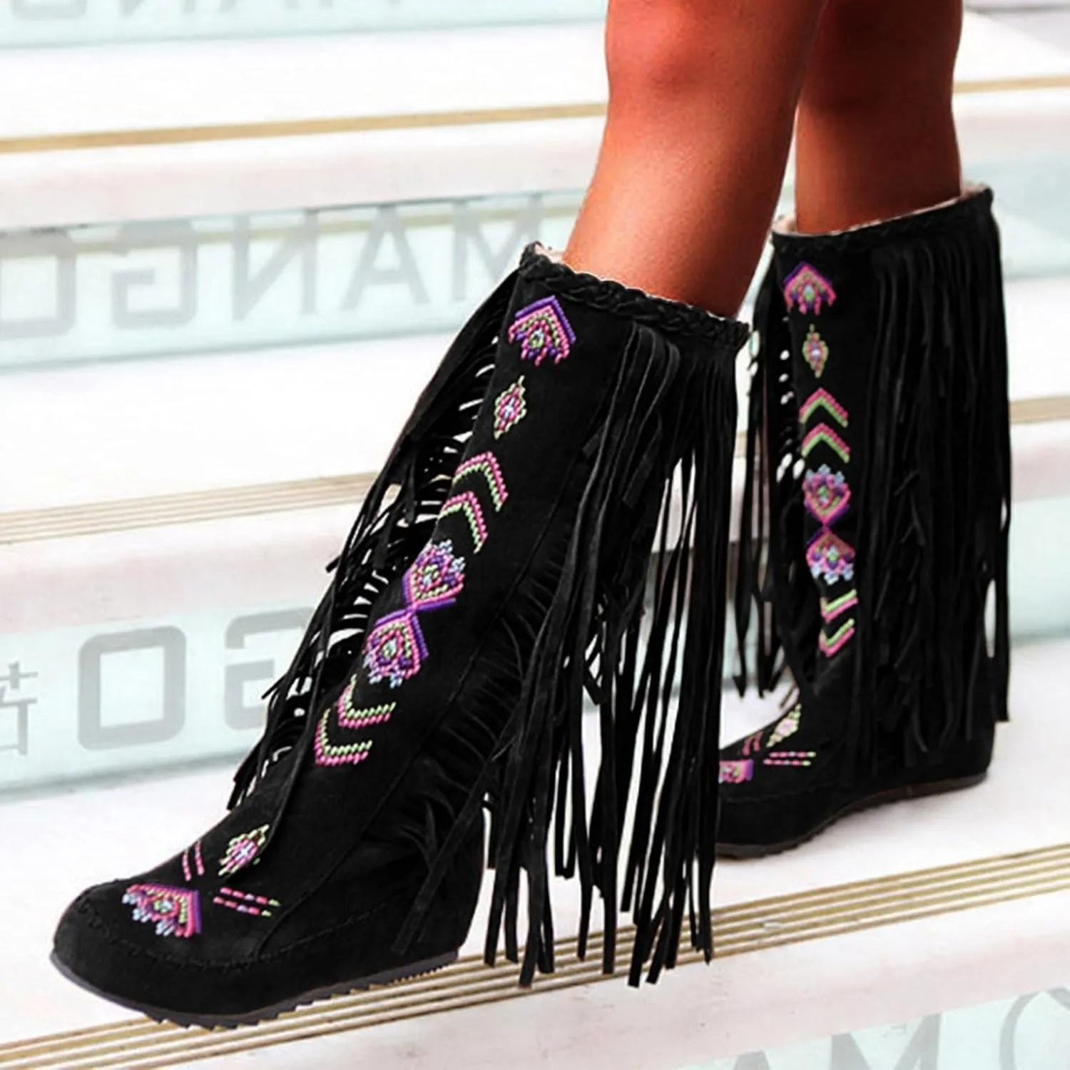 ZBYY Women's Fringe Western Boots,Winter Flats Suede Embroidered Closed Toe Mid Calf Knee High Flat Boot Mid Calf Boots