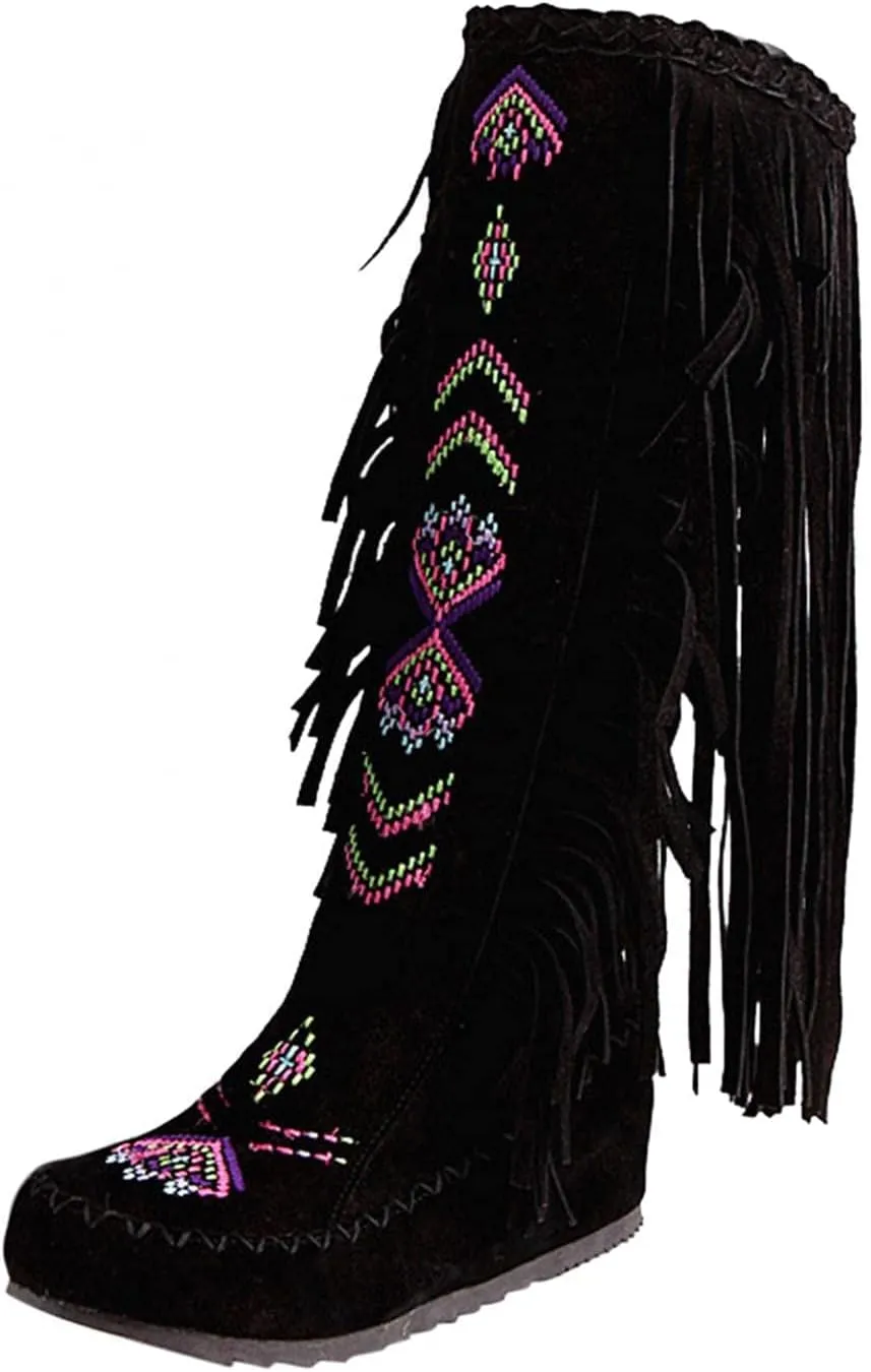 ZBYY Women's Fringe Western Boots,Winter Flats Suede Embroidered Closed Toe Mid Calf Knee High Flat Boot Mid Calf Boots