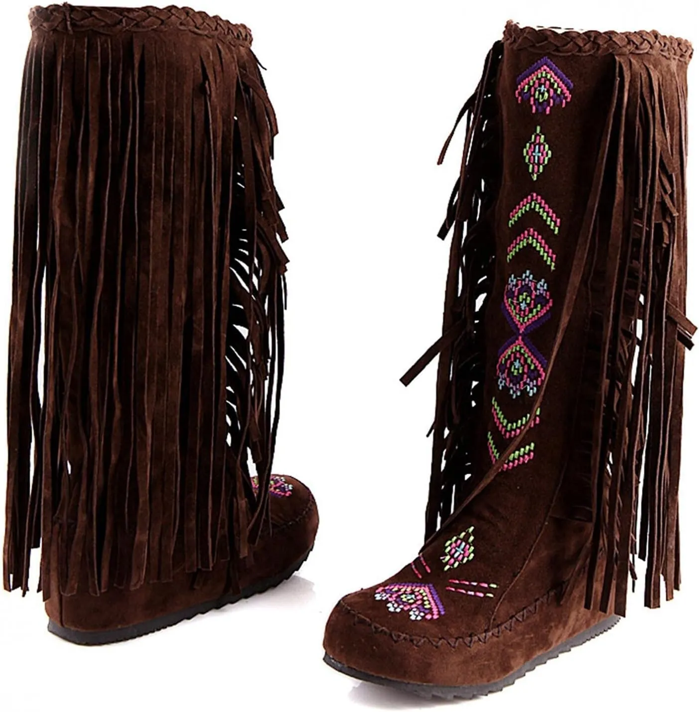 ZBYY Women's Fringe Western Boots,Winter Flats Suede Embroidered Closed Toe Mid Calf Knee High Flat Boot Mid Calf Boots