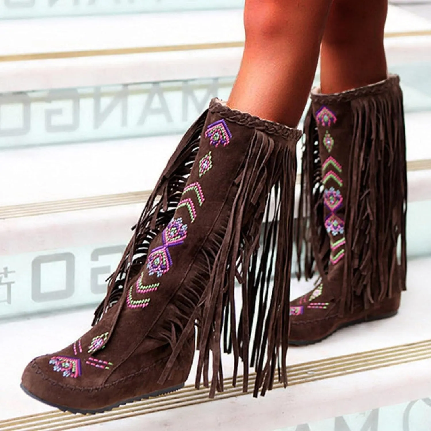 ZBYY Women's Fringe Western Boots,Winter Flats Suede Embroidered Closed Toe Mid Calf Knee High Flat Boot Mid Calf Boots