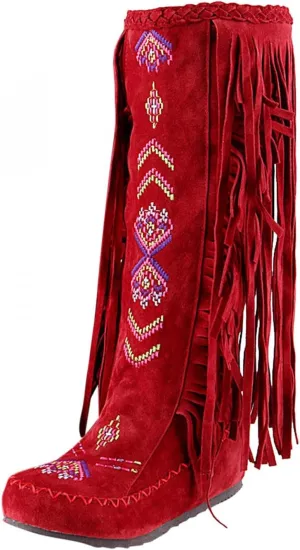 ZBYY Women's Fringe Western Boots,Winter Flats Suede Embroidered Closed Toe Mid Calf Knee High Flat Boot Mid Calf Boots