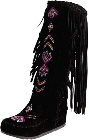 ZBYY Women's Fringe Western Boots,Winter Flats Suede Embroidered Closed Toe Mid Calf Knee High Flat Boot Mid Calf Boots