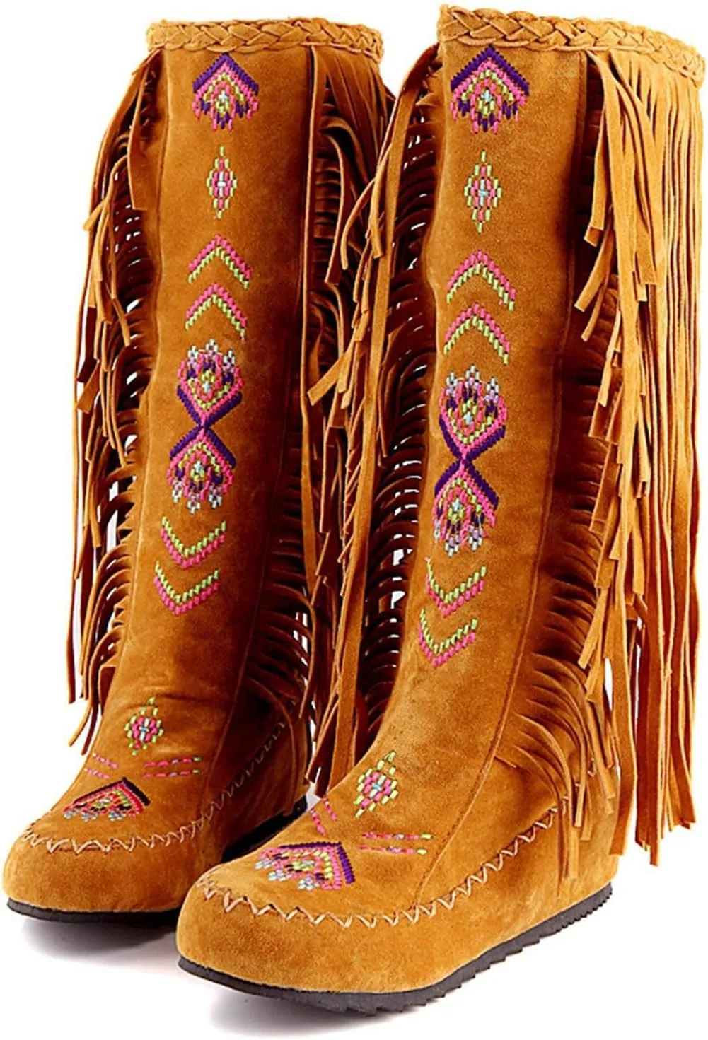 ZBYY Women's Fringe Western Boots,Winter Flats Suede Embroidered Closed Toe Mid Calf Knee High Flat Boot Mid Calf Boots