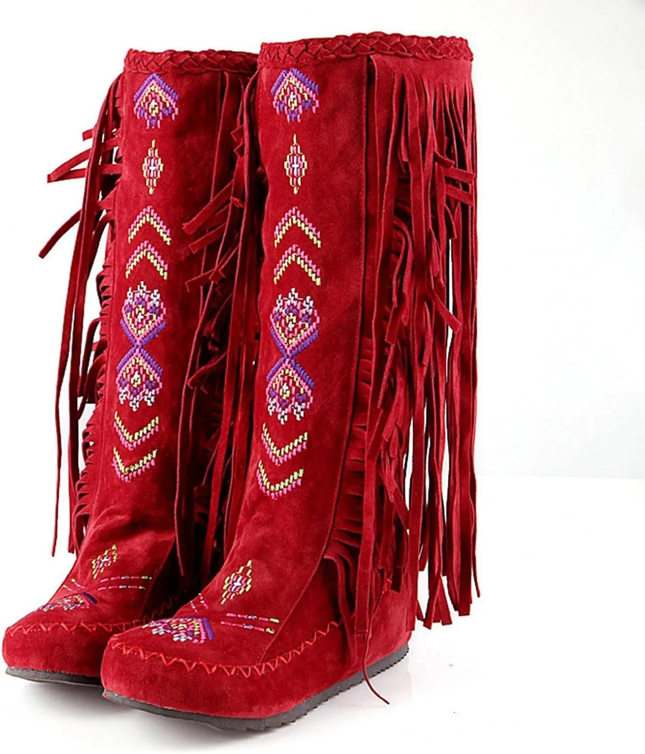 ZBYY Women's Fringe Western Boots,Winter Flats Suede Embroidered Closed Toe Mid Calf Knee High Flat Boot Mid Calf Boots