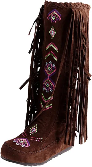 ZBYY Women's Fringe Western Boots,Winter Flats Suede Embroidered Closed Toe Mid Calf Knee High Flat Boot Mid Calf Boots