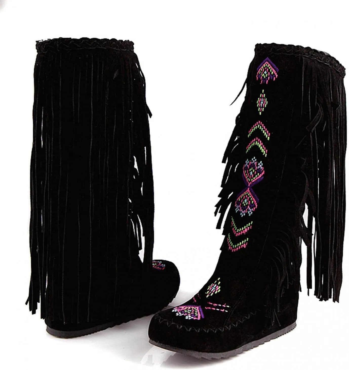 ZBYY Women's Fringe Western Boots,Winter Flats Suede Embroidered Closed Toe Mid Calf Knee High Flat Boot Mid Calf Boots