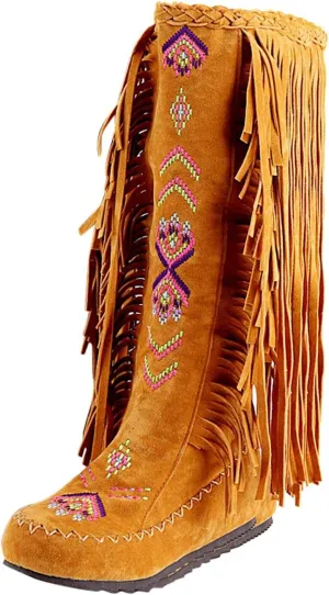 ZBYY Women's Fringe Western Boots,Winter Flats Suede Embroidered Closed Toe Mid Calf Knee High Flat Boot Mid Calf Boots