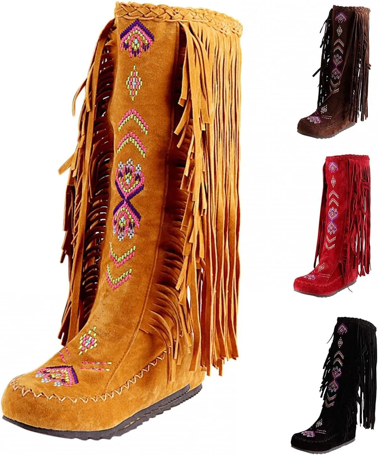 ZBYY Women's Fringe Western Boots,Winter Flats Suede Embroidered Closed Toe Mid Calf Knee High Flat Boot Mid Calf Boots