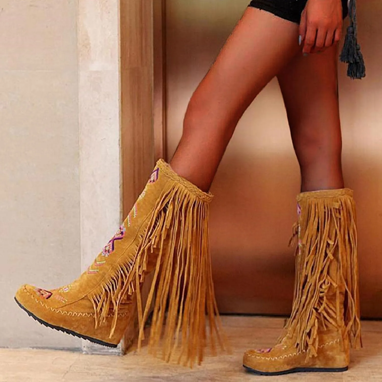 ZBYY Women's Fringe Western Boots,Winter Flats Suede Embroidered Closed Toe Mid Calf Knee High Flat Boot Mid Calf Boots