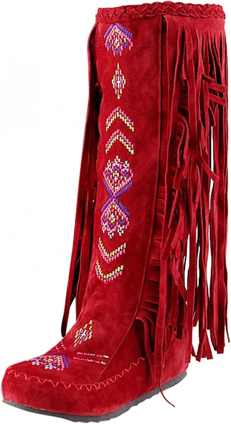 ZBYY Women's Fringe Western Boots,Winter Flats Suede Embroidered Closed Toe Mid Calf Knee High Flat Boot Mid Calf Boots