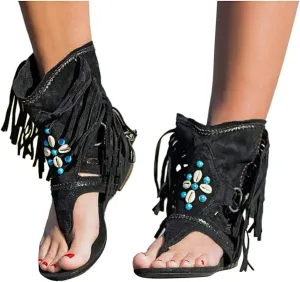 ZBYY Womens Gladiator Fringe Thong Flat Sandals Retro Bohemian Beach Roman Boots Tassel Flip Flops Wedge Sandals