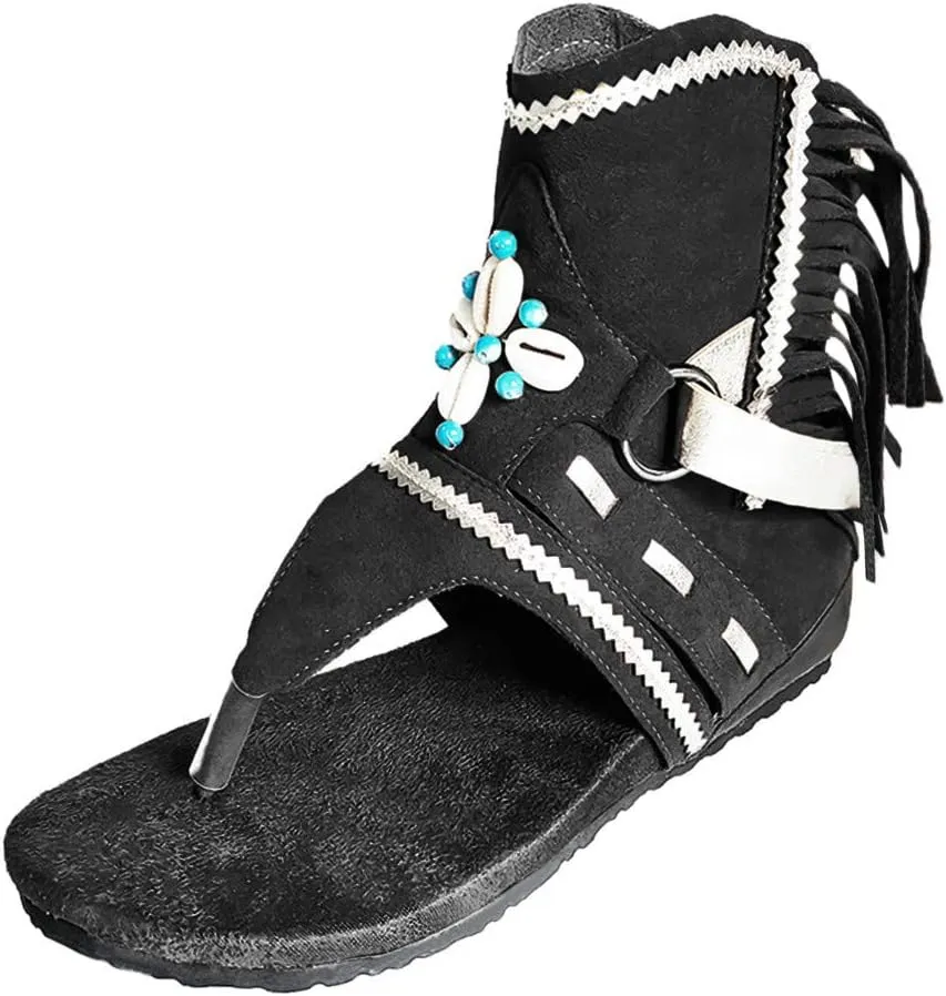 ZBYY Womens Gladiator Fringe Thong Flat Sandals Retro Bohemian Beach Roman Boots Tassel Flip Flops Wedge Sandals