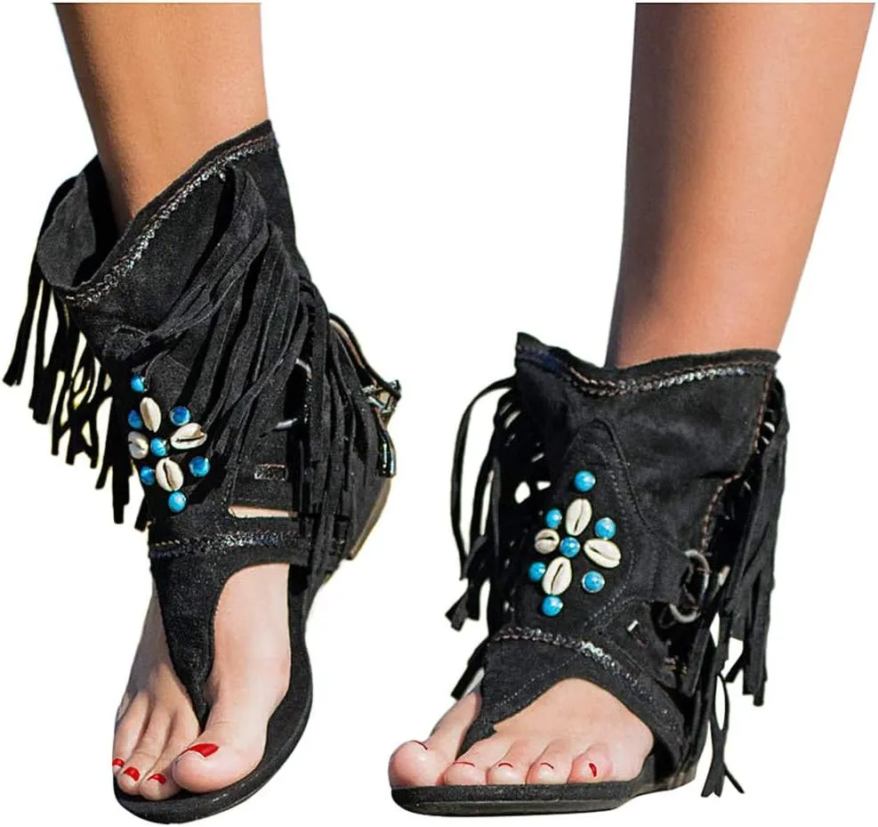 ZBYY Womens Gladiator Fringe Thong Flat Sandals Retro Bohemian Beach Roman Boots Tassel Flip Flops Wedge Sandals