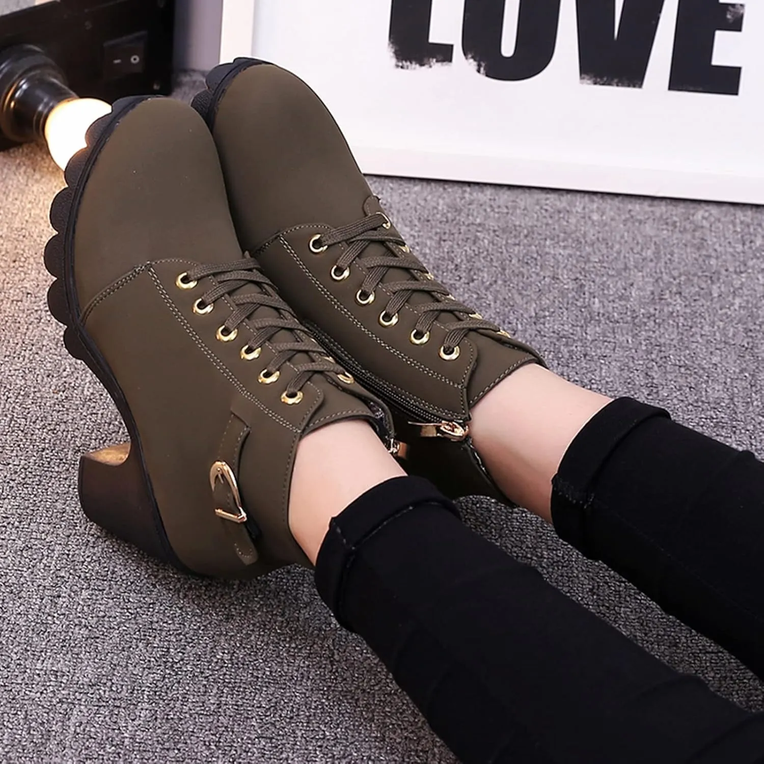 ZBYY Womens Mid Heel Chunky Platform Ankle Booties Leather Side Zipper Closed Toe Stacked Dress Chelsea Boots