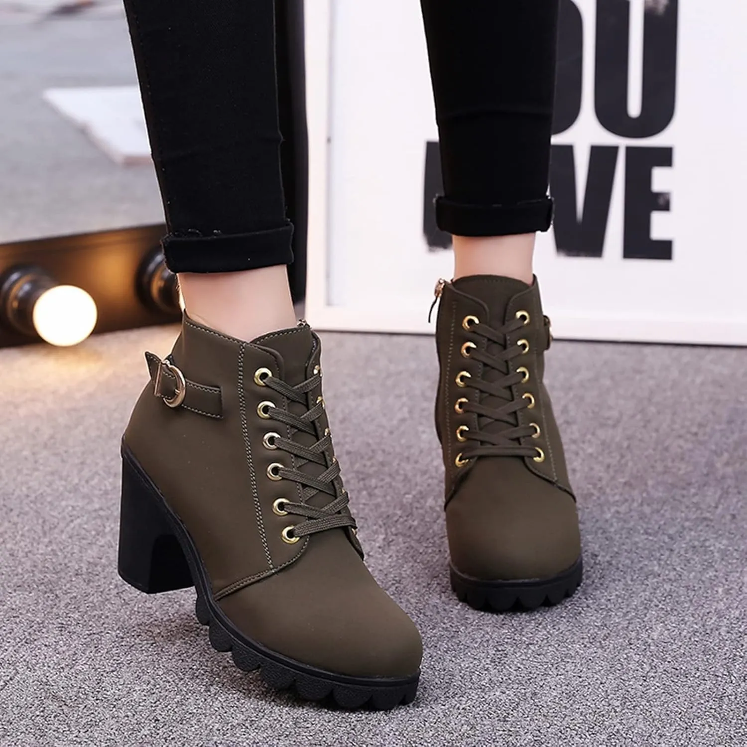 ZBYY Womens Mid Heel Chunky Platform Ankle Booties Leather Side Zipper Closed Toe Stacked Dress Chelsea Boots