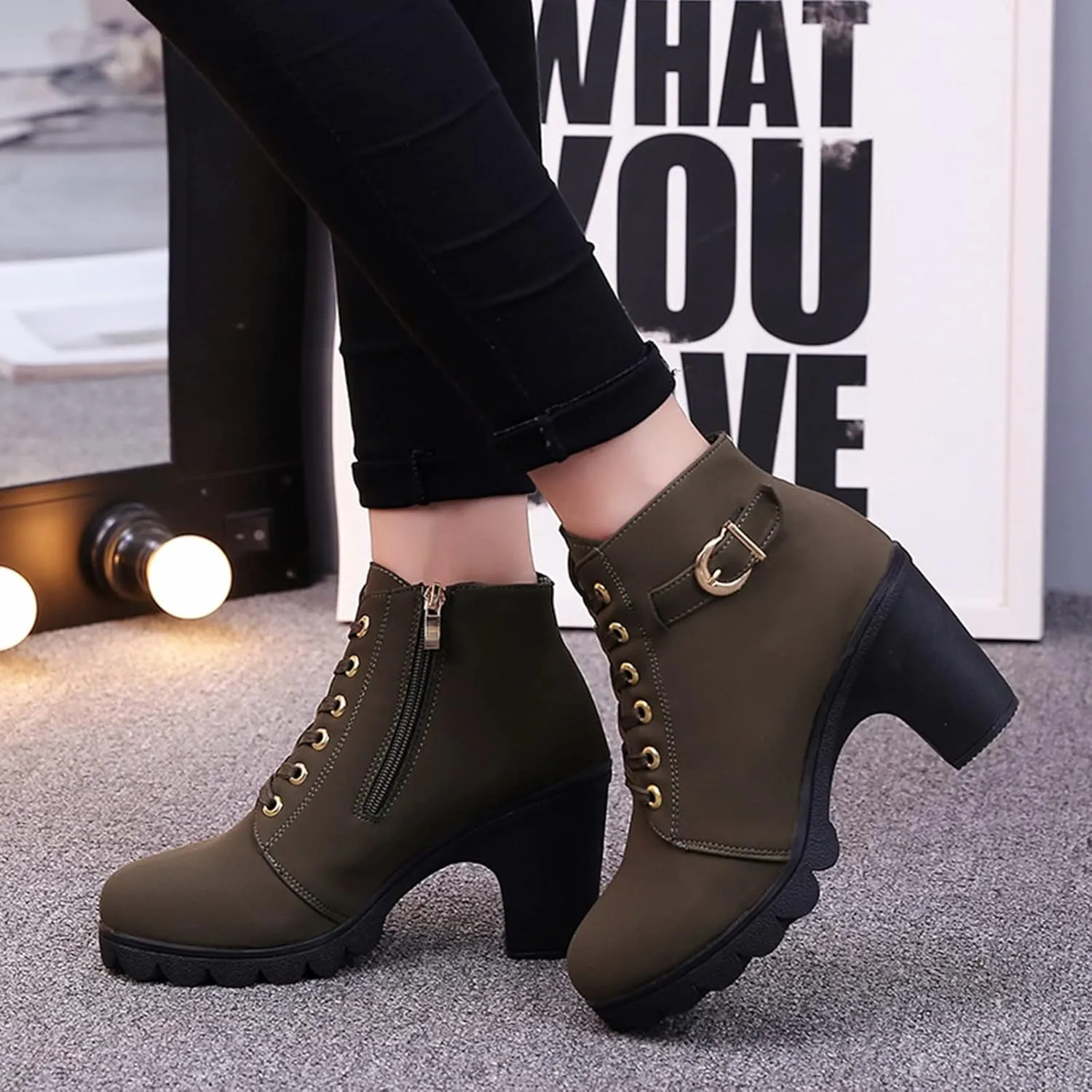 ZBYY Womens Mid Heel Chunky Platform Ankle Booties Leather Side Zipper Closed Toe Stacked Dress Chelsea Boots
