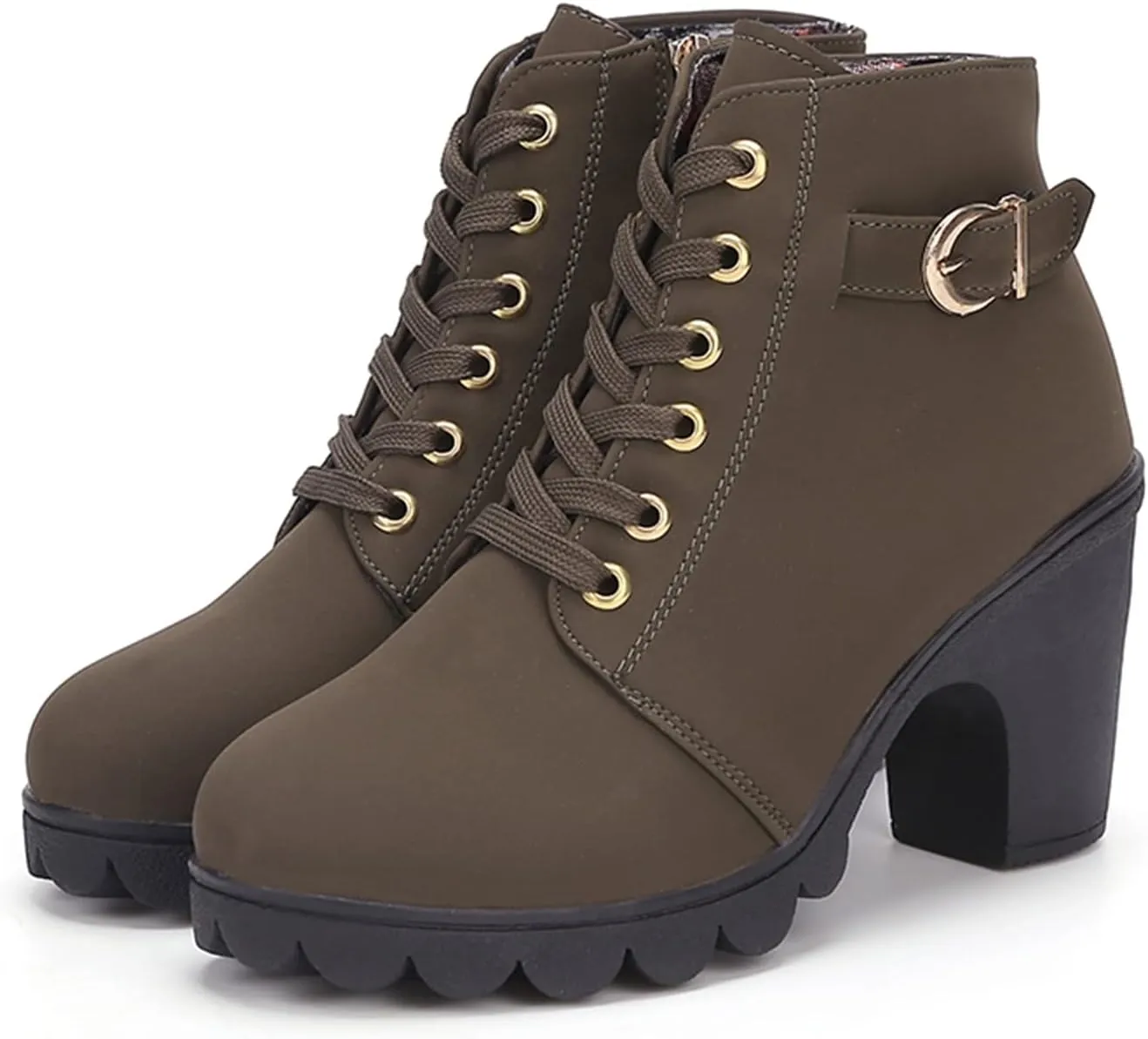 ZBYY Womens Mid Heel Chunky Platform Ankle Booties Leather Side Zipper Closed Toe Stacked Dress Chelsea Boots