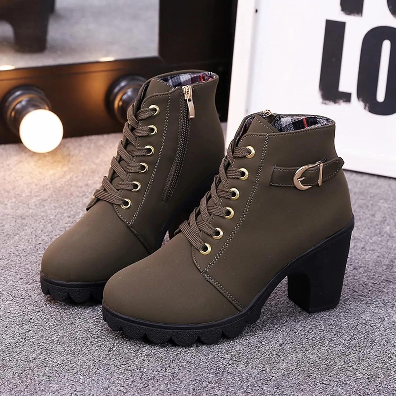 ZBYY Womens Mid Heel Chunky Platform Ankle Booties Leather Side Zipper Closed Toe Stacked Dress Chelsea Boots
