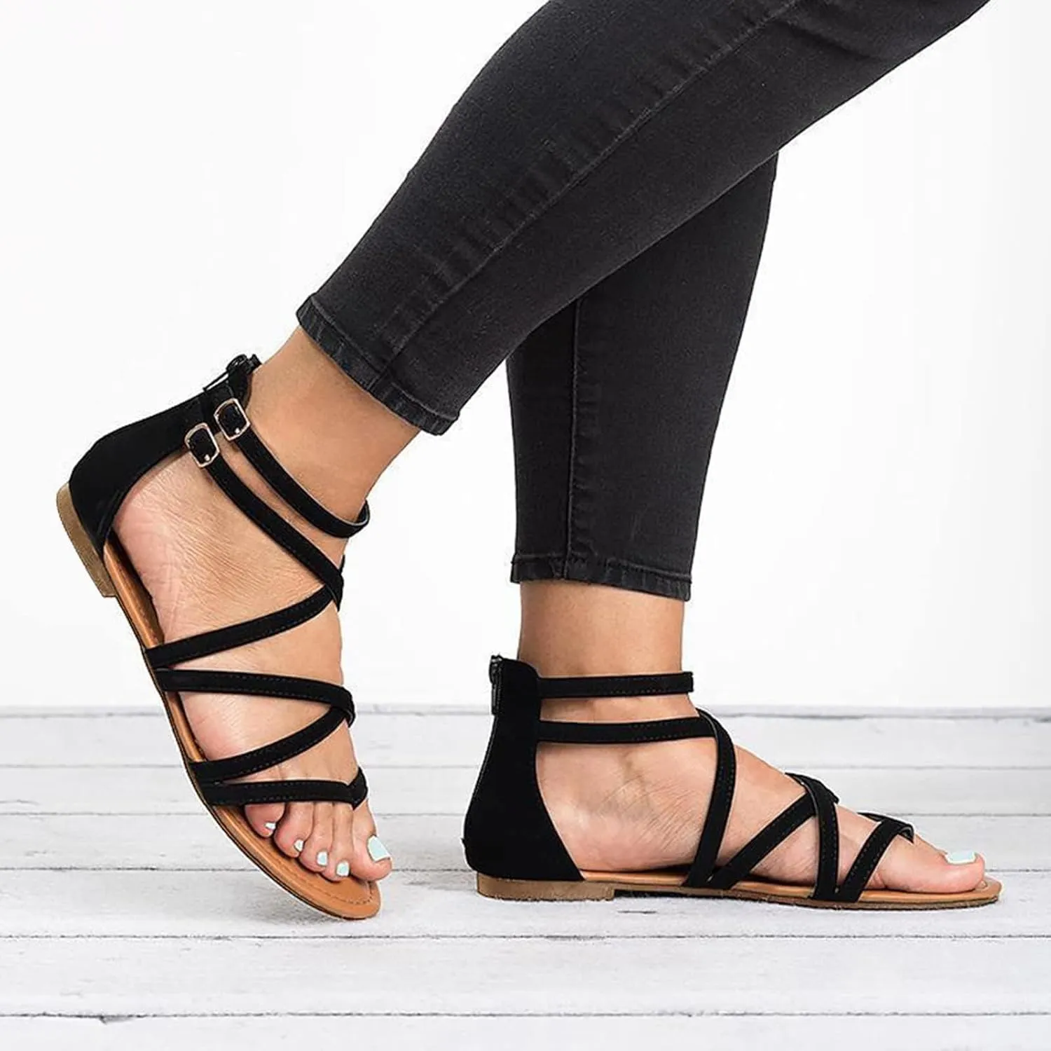 ZDLJYL Women's Wide Width Flat Sandals Summer Buckle Ankle Strap Gladiator Open Toe Flip Flop Sandal Beach Shoes for Women