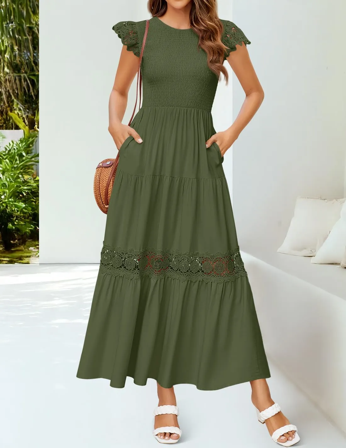 ZESICA Women's Casual Crew Neck Flutter Sleeve Smocked High Waist Hollow Out Lace Trim Tiered A Line Midi Dress