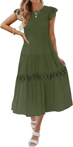 ZESICA Women's Casual Crew Neck Flutter Sleeve Smocked High Waist Hollow Out Lace Trim Tiered A Line Midi Dress