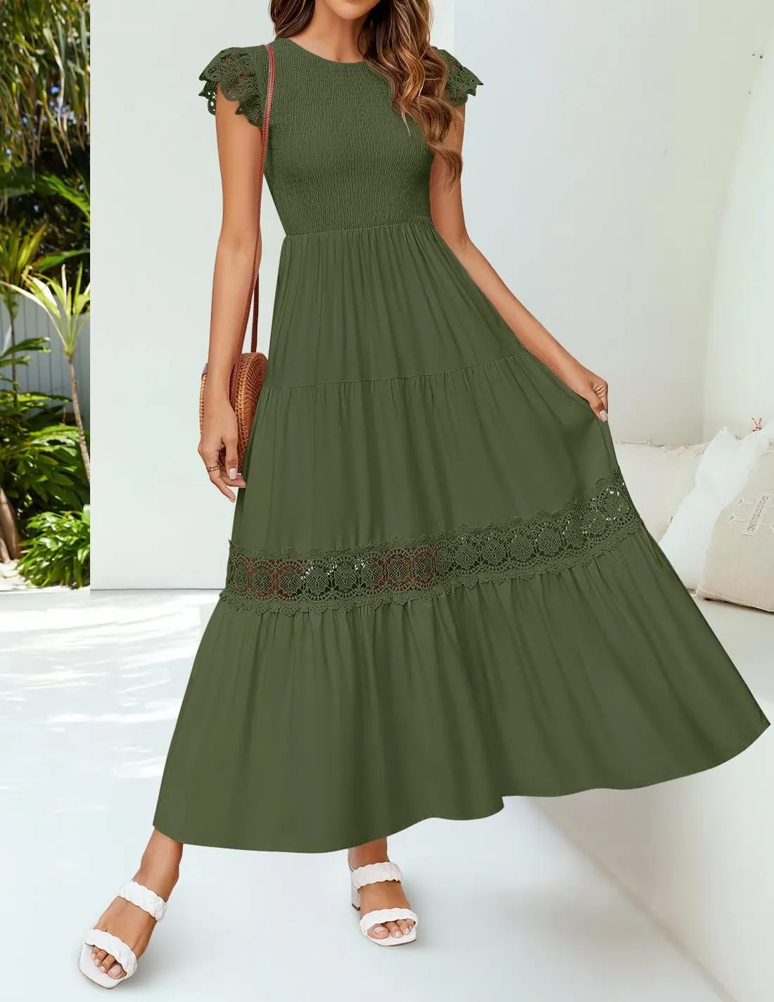 ZESICA Women's Casual Crew Neck Flutter Sleeve Smocked High Waist Hollow Out Lace Trim Tiered A Line Midi Dress
