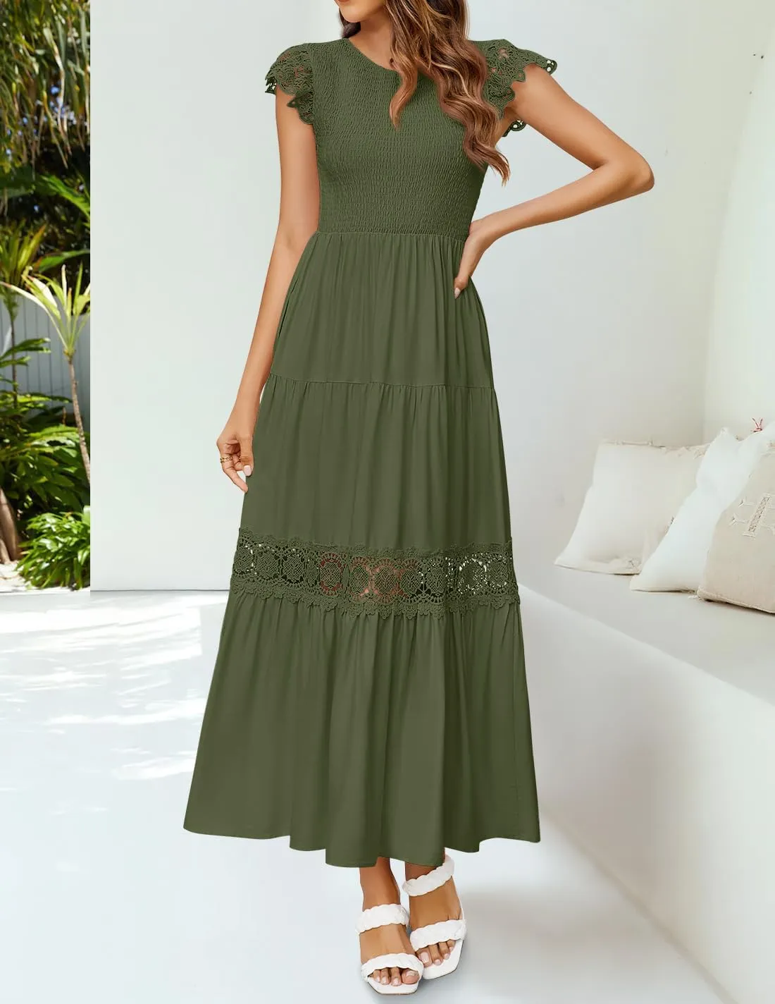 ZESICA Women's Casual Crew Neck Flutter Sleeve Smocked High Waist Hollow Out Lace Trim Tiered A Line Midi Dress