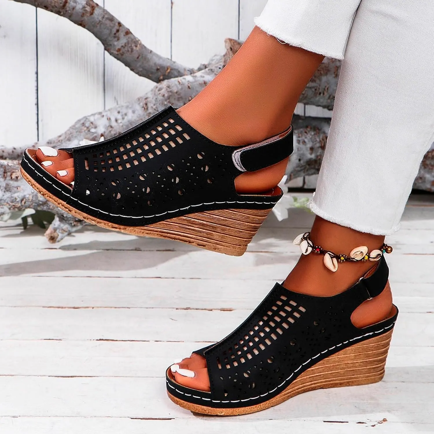 ZSpzx Womens Platform Wedge Sandals,Sandals for Women Dressy Summer Slip on Elastic Ankle Strap Casual Slip on Elastic Ankle Strap Beach Shoes for Street Work Travel