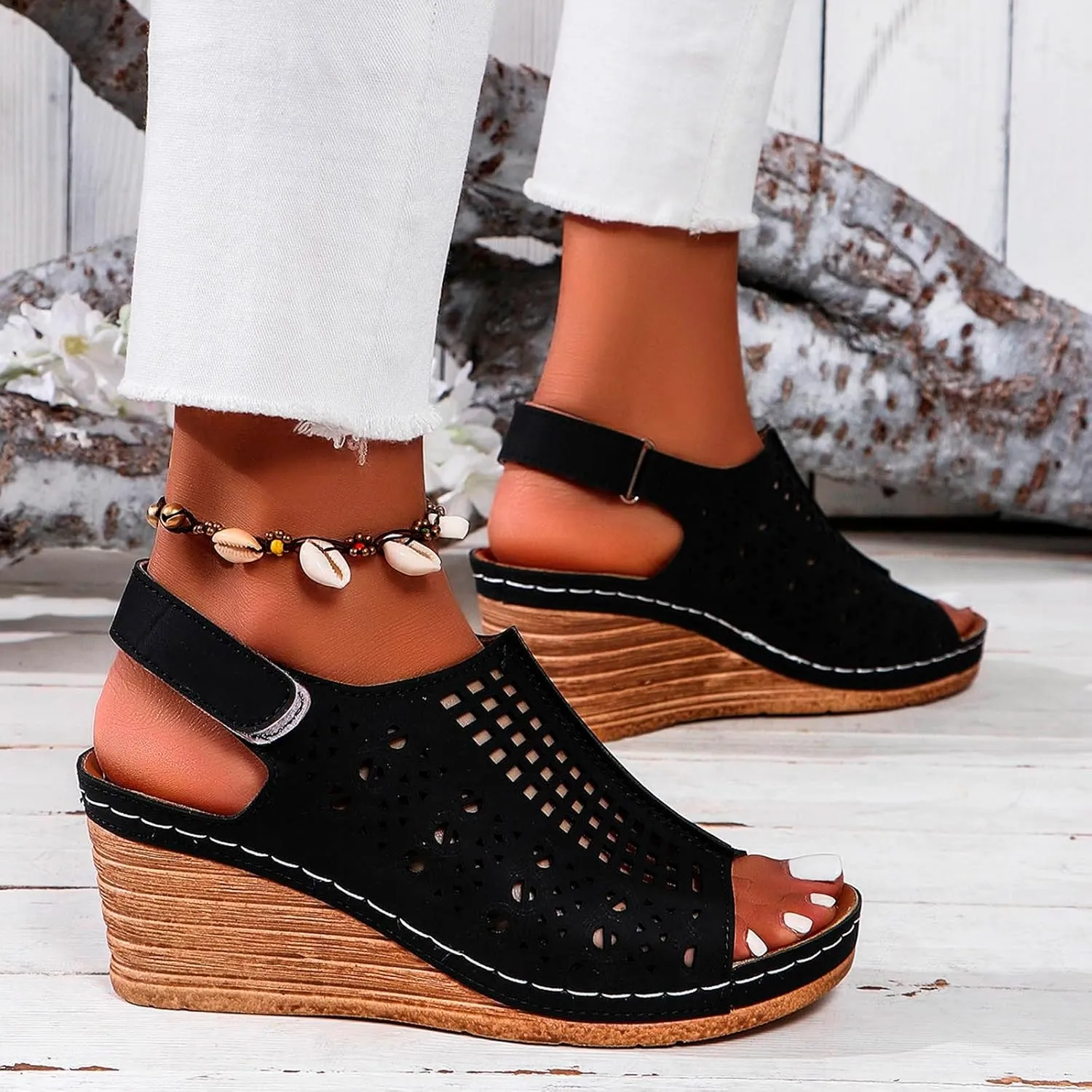 ZSpzx Womens Platform Wedge Sandals,Sandals for Women Dressy Summer Slip on Elastic Ankle Strap Casual Slip on Elastic Ankle Strap Beach Shoes for Street Work Travel