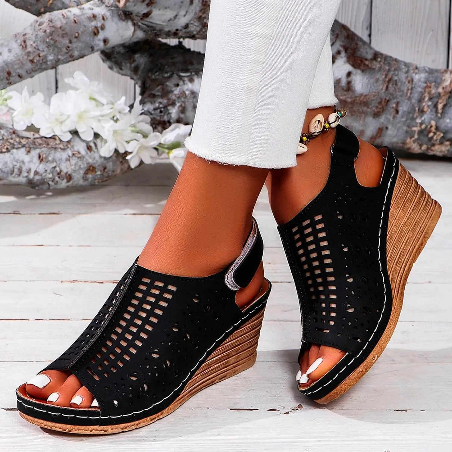 ZSpzx Womens Platform Wedge Sandals,Sandals for Women Dressy Summer Slip on Elastic Ankle Strap Casual Slip on Elastic Ankle Strap Beach Shoes for Street Work Travel