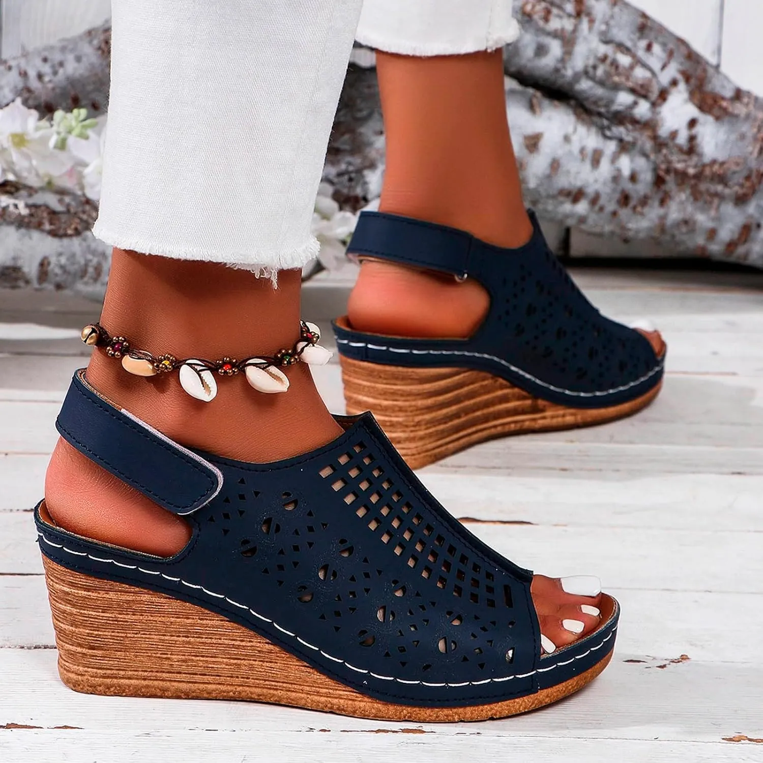 ZSpzx Womens Platform Wedge Sandals,Sandals for Women Dressy Summer Slip on Elastic Ankle Strap Casual Slip on Elastic Ankle Strap Beach Shoes for Street Work Travel