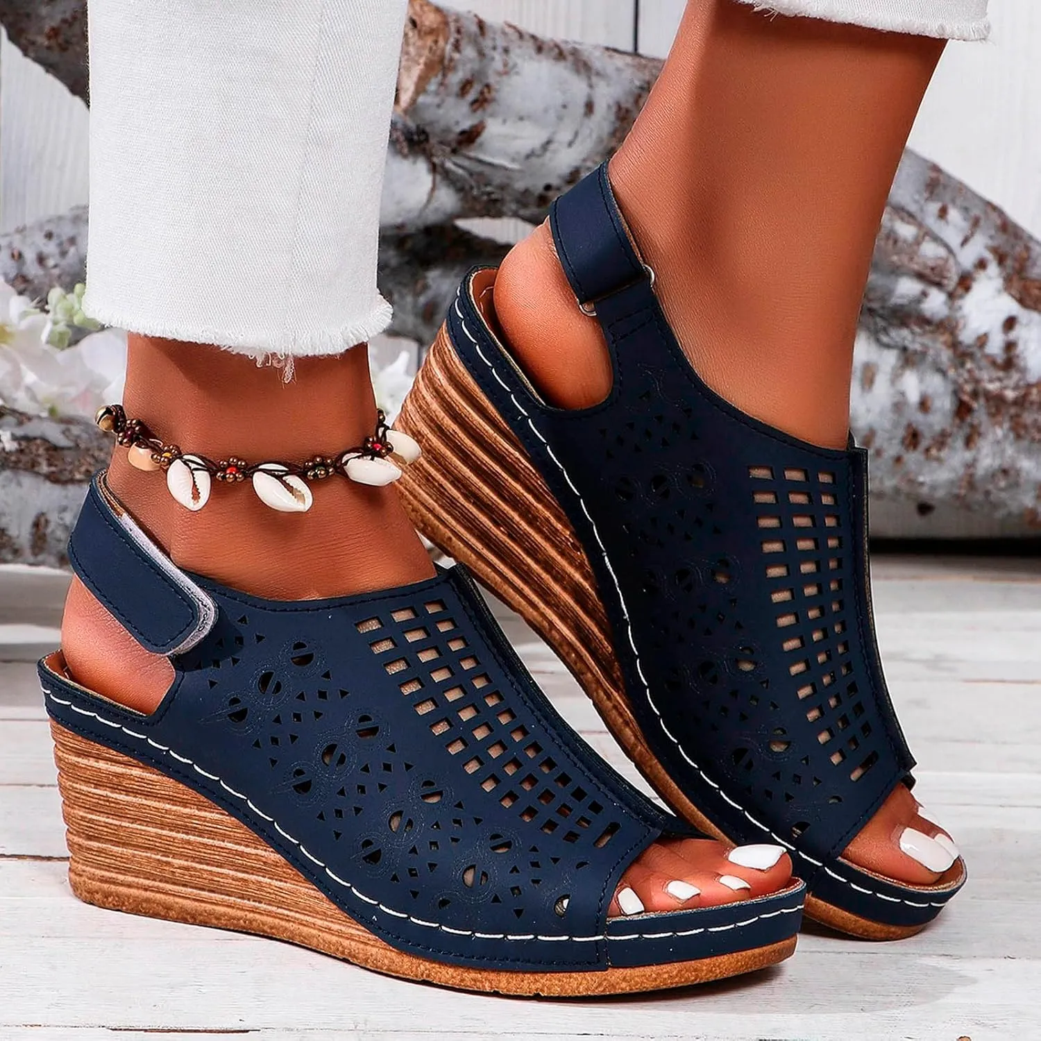 ZSpzx Womens Platform Wedge Sandals,Sandals for Women Dressy Summer Slip on Elastic Ankle Strap Casual Slip on Elastic Ankle Strap Beach Shoes for Street Work Travel
