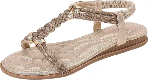 ZSpzx Women's Wedding Sandals Crystal with Rhinestone Women Open Toe Beaded Bohemian Sparkly Sandals Dress Dressy Summer Flip Flops Shoes for Street Work Travel Wedding